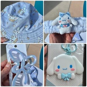 Sanrio Cinnamon Roll bucket hat spa headband mirror and blue claw clip